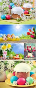  Easter background with easter eggs and flowers 